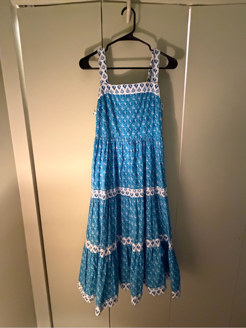 J. Crew Blue Floral Tiered Maxi Dress with White Trim